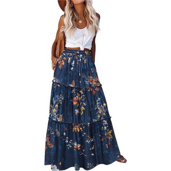 Womens Maxi Skirts, Flowy Skirt with Pockets Deep Blue - Picture 1 of 5